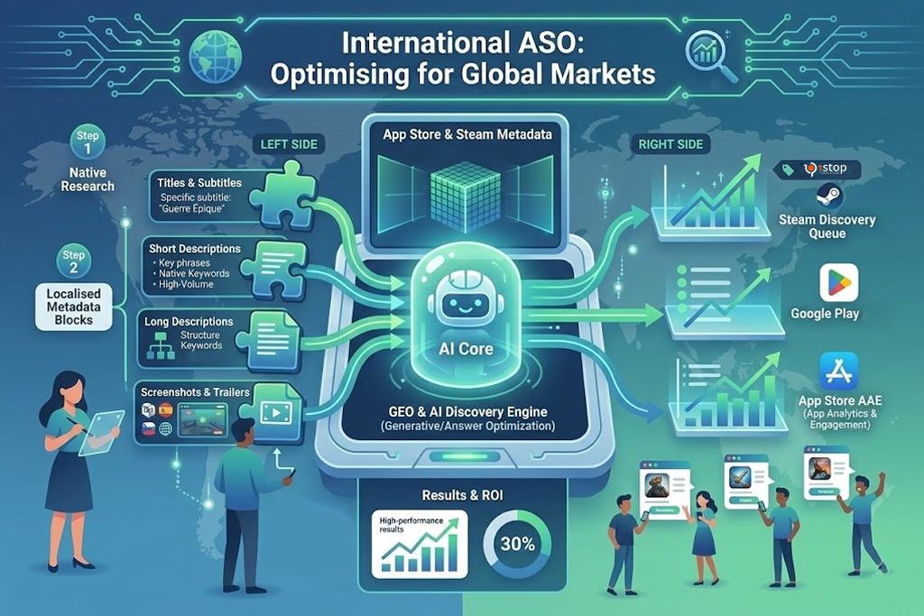 Infographic showing the International ASO process from native keyword research and localised metadata blocks to AI Discovery Engines and platform distribution - 1Stop Translations