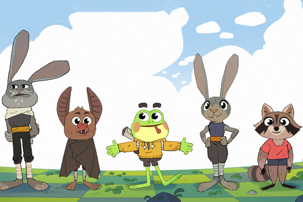 A colourful lineup of five cartoon animal characters from the video game Big Hops, featuring rabbits, a bat, a raccoon, and the main character Hop the frog in a yellow hoodie, standing on a checkered green field - 1Stop Translations