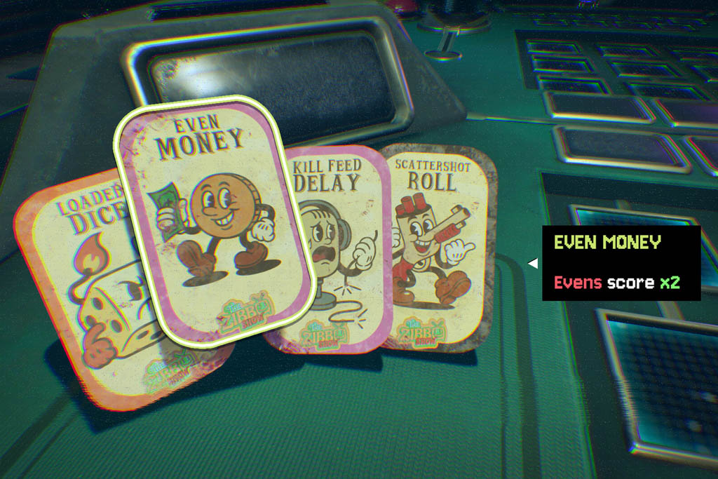 Screenshot from the video game The Zibbo Show showing cards and score multipliers, used as an example of Functional QA (FQA) testing on the user interface.