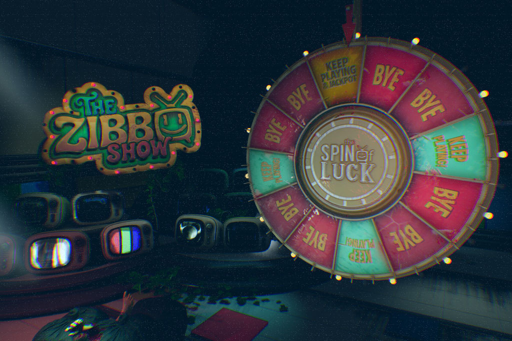 A dark video game screenshot featuring 'The Zibbo Show' neon sign and a text-heavy prize wheel, illustrating the importance of integrated LQA and FQA testing for games.