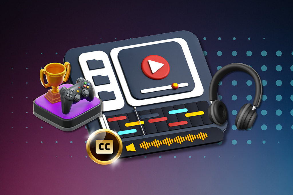 3D graphic showing a video editing timeline with headphones, a game controller, trophy, and closed-caption logo, representing trailer transcreation.