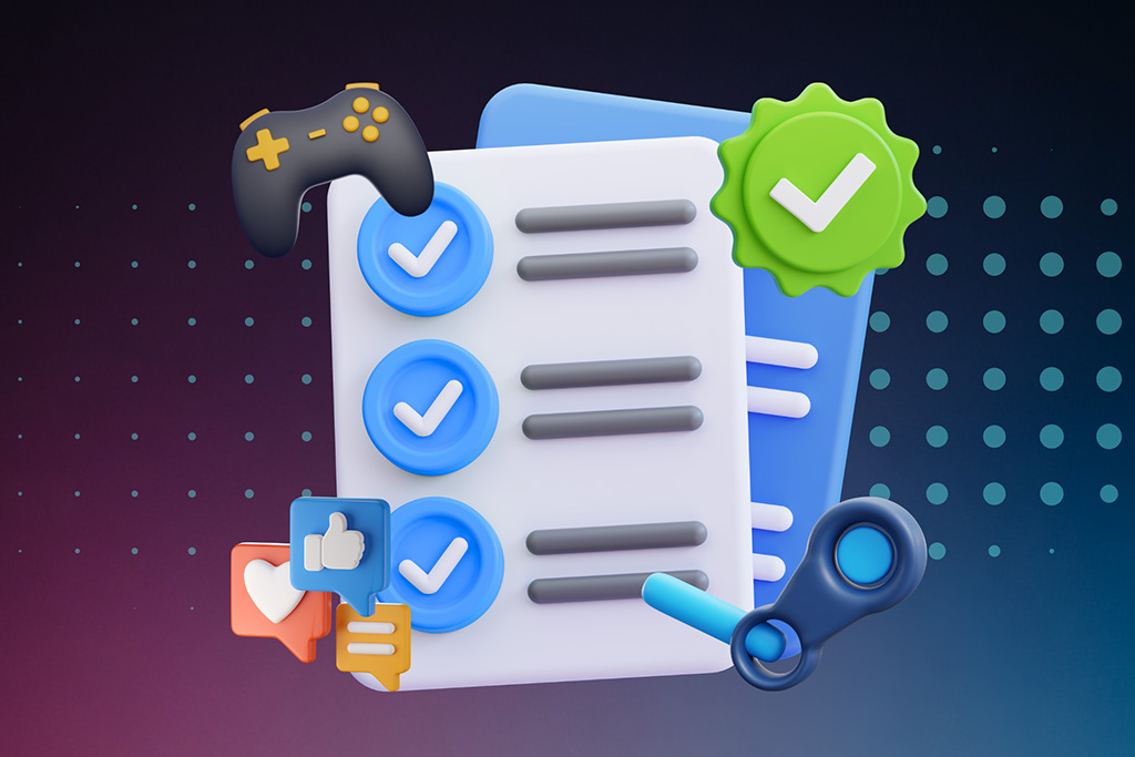 3D graphic showing a checklist document with green tick badges, a game controller, social media icons, and a Steam logo, illustrating platform localisation requirements.
