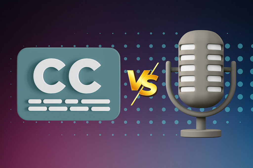 A visual representation of Closed Captions (CC) versus a studio microphone, highlighting the choice between subtitling and dubbing for indie game trailers.