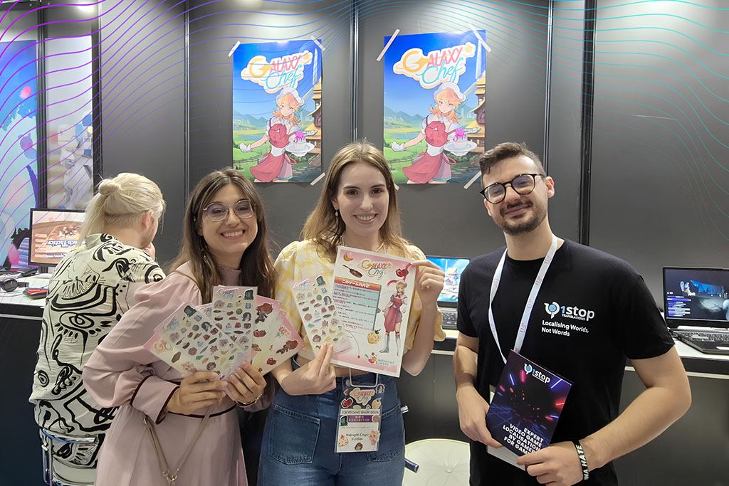 How to use iGaming localization to increase your market share - 1Stop Translations Gaetano Mele (1Stop Translations) with Midnight Crêpe Studios Games at Tokyo Game Show 2026, playing Galaxy Chef.
