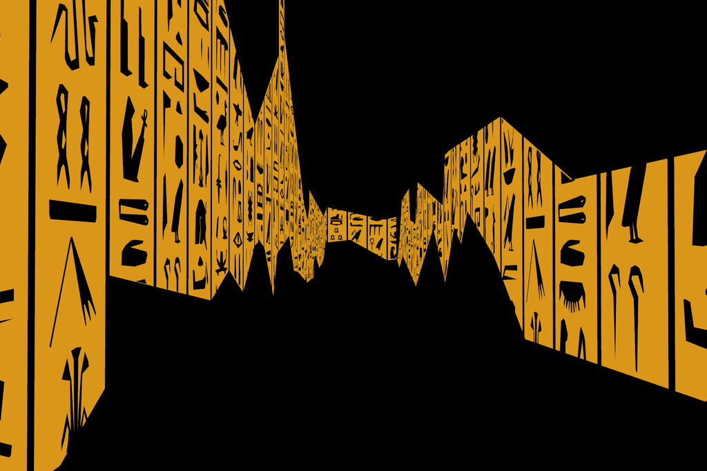 Stylised yellow perspective walls covered in ancient Egyptian hieroglyphics set against a stark black background, representing complex linguistic and cultural layers in video game localisation.