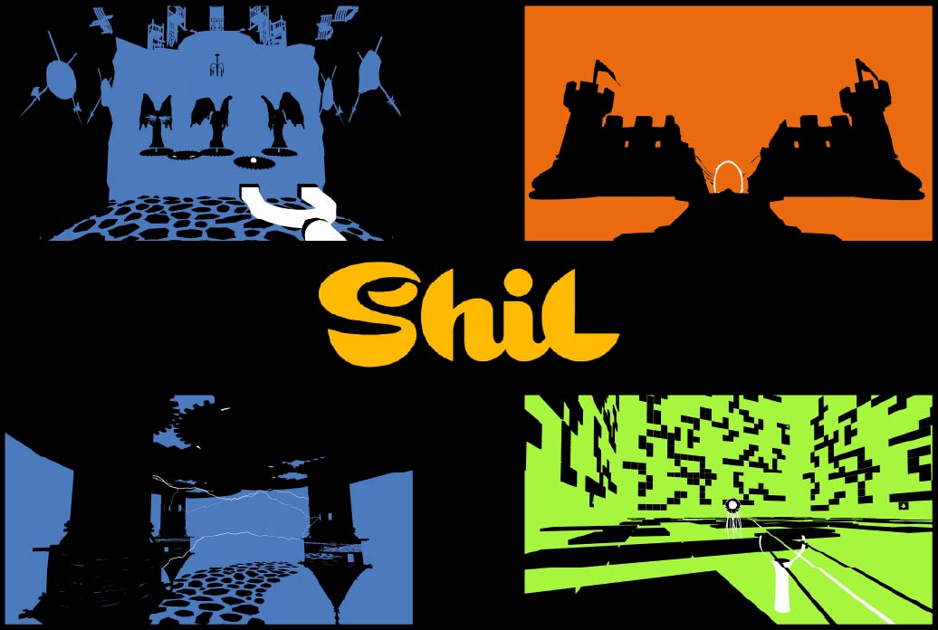 A collage of four stylized puzzle environments from the VR game Shil in blue, orange, and green color palettes, featuring the yellow Shil logo at the centre.