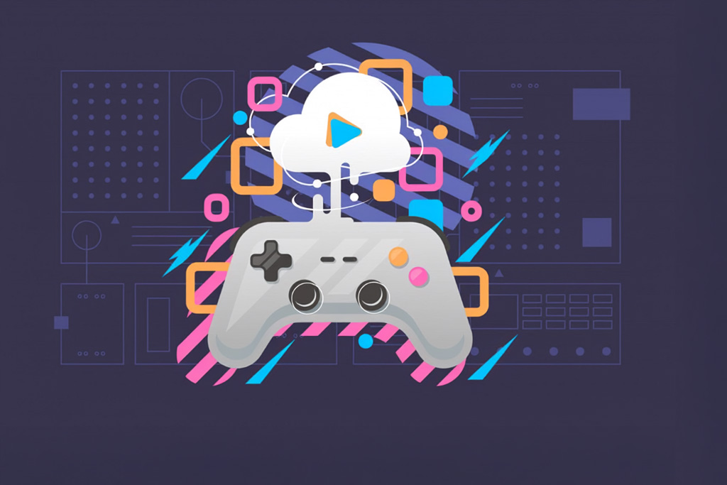 A digital illustration of a game controller linked to a cloud icon with a play button against a dark background with colourful abstract tech elements, representing cloud-based game distribution and localisation services.