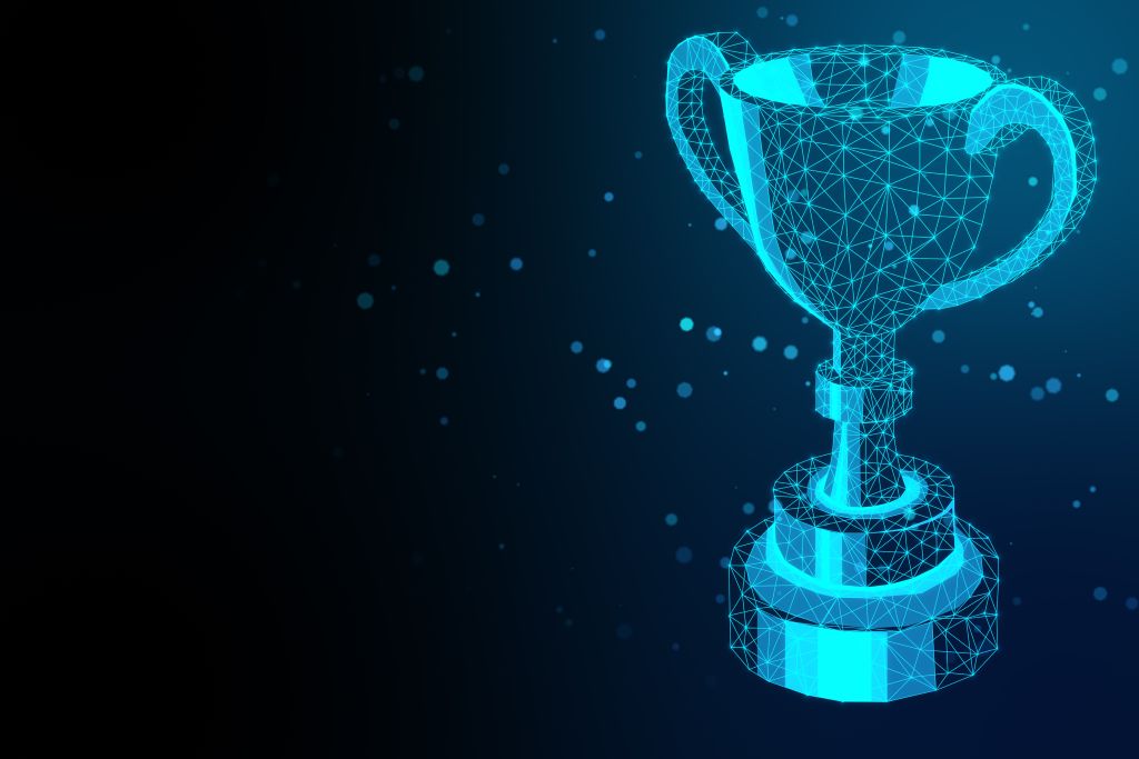 A glowing 3D digital wireframe trophy representing excellence and ISO quality standards in iGaming localisation services.